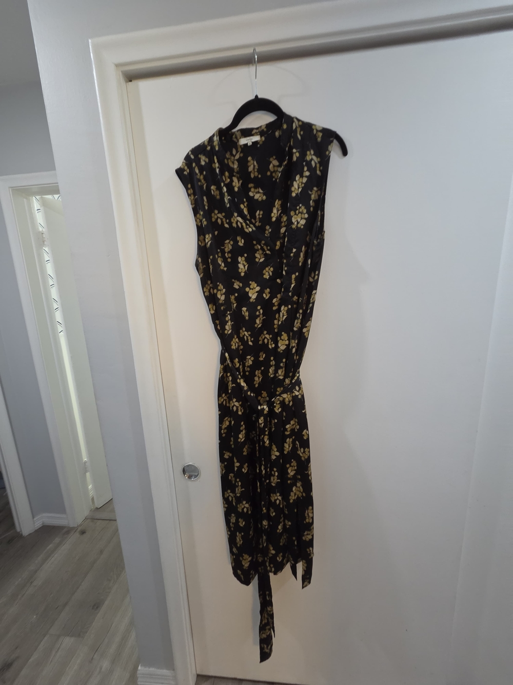 Vince Black Midi Dress with Yellow Floral Print and Waist Tie